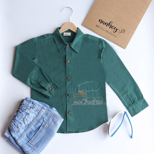 Buy Chuk Chuk Embroidered Formal Shirt- Bottle Green | Shop Verified Sustainable Kids Shirts on Brown Living™