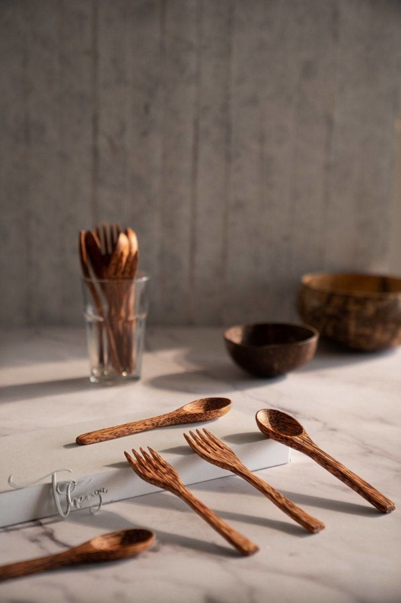 Buy Coconut Wood Spoon & Fork 2 Spoon + 2 Fork Eco Friendly, Natural & Handmade | Shop Verified Sustainable Cutlery on Brown Living™