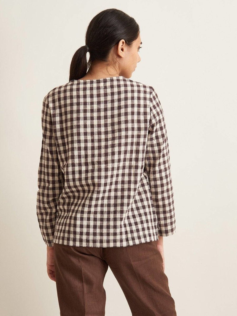 Buy Collarless Checkered Shirt - Brown Checkered | Shop Verified Sustainable Womens Shirt on Brown Living™