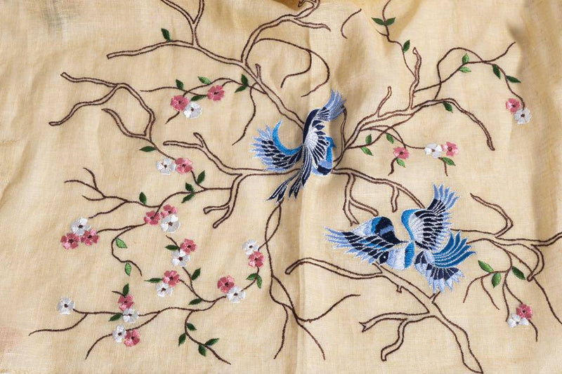 Buy Cream Linen Scarf With Embroidered Birds And Fancy Corner Tassels | Shop Verified Sustainable Womens Scarf on Brown Living™