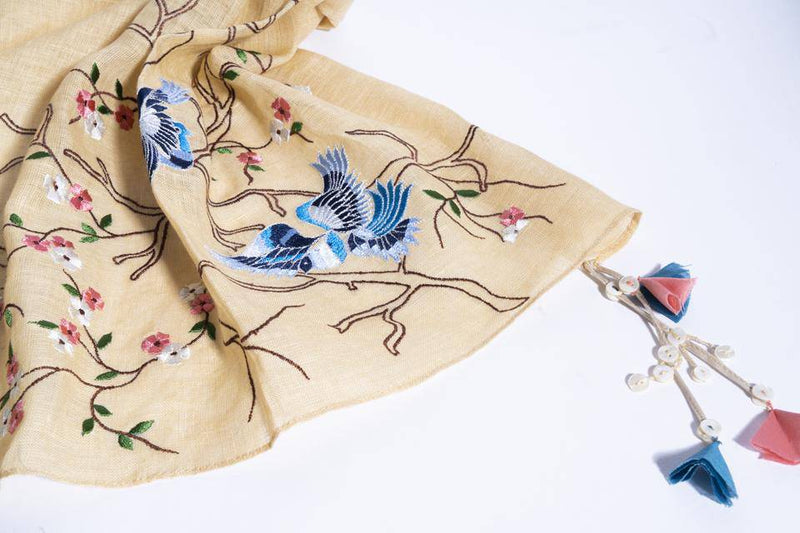 Buy Cream Linen Scarf With Embroidered Birds And Fancy Corner Tassels | Shop Verified Sustainable Womens Scarf on Brown Living™