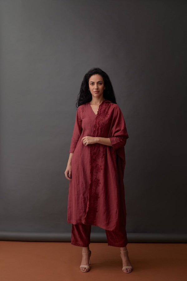 Cupro Red Plum Kurta Set with Cutwork Odhani | Verified Sustainable Womens Kurta on Brown Living™