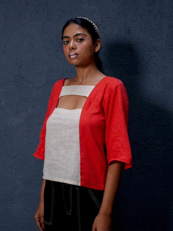 Buy Cut The Crap Top | 100% Handwoven Cotton Fabric | Bold Red Cut Out Top with Cream Fabric Detailing | Shop Verified Sustainable Womens Top on Brown Living™