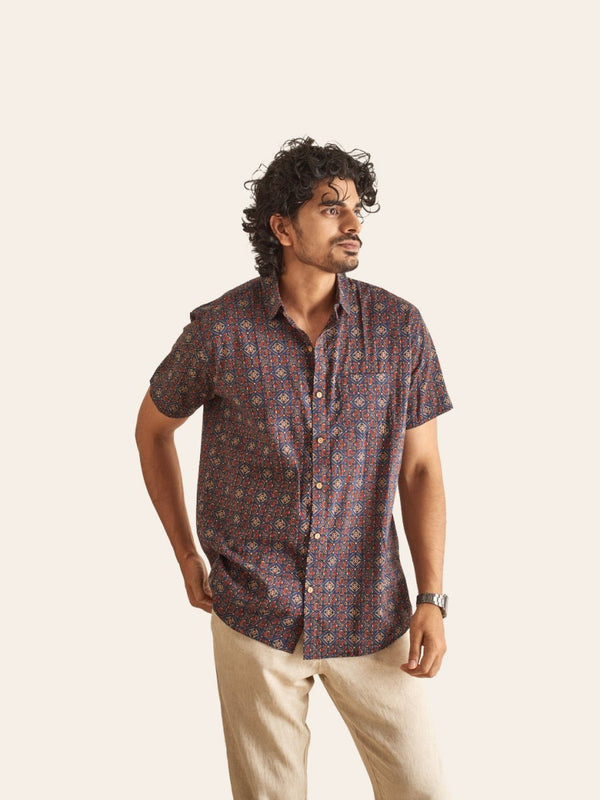 Buy Dark Blue Ajrakh Printed Cotton Shirt | Shop Verified Sustainable Mens Shirt on Brown Living™