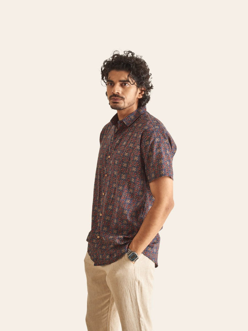 Buy Dark Blue Ajrakh Printed Cotton Shirt | Shop Verified Sustainable Mens Shirt on Brown Living™