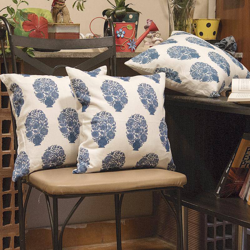 Buy Designer Block Print Cushion Cover with Premium Handmade Cotton Fabric - White With Blue Motif | Shop Verified Sustainable Covers & Inserts on Brown Living™