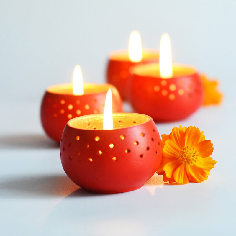 Buy Dome Red Handmade Candle Holders- Set Of 4 with Free Soywax Candles | Shop Verified Sustainable Candles & Fragrances on Brown Living™