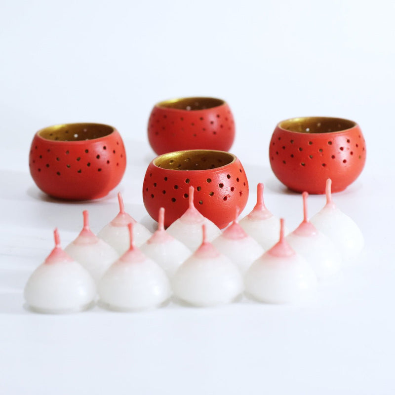 Buy Dome Red Handmade Candle Holders- Set Of 4 with Free Soywax Candles | Shop Verified Sustainable Candles & Fragrances on Brown Living™