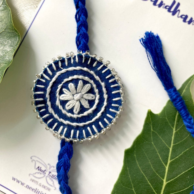 Buy Dual Avtar Hand-embroidered Rakhi-Blue and White| Reusable | Shop Verified Sustainable Rakhi on Brown Living™