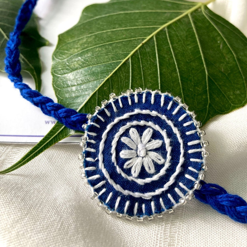 Buy Dual Avtar Hand-embroidered Rakhi-Blue and White| Reusable | Shop Verified Sustainable Rakhi on Brown Living™