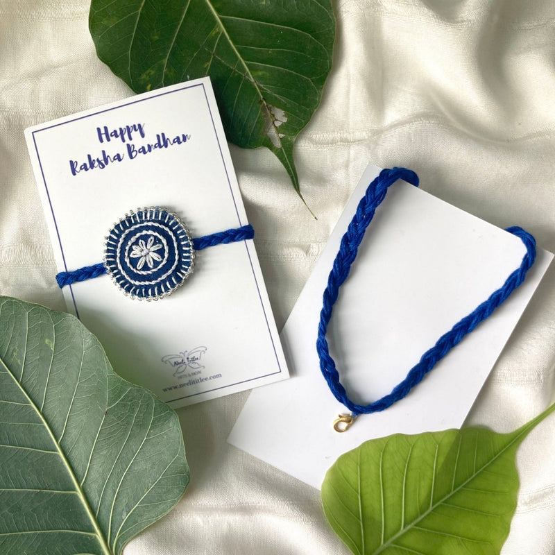 Buy Dual Avtar Hand-embroidered Rakhi-Blue and White| Reusable | Shop Verified Sustainable Rakhi on Brown Living™