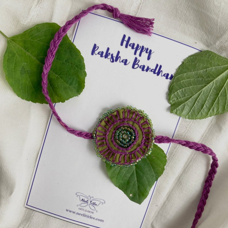 Buy Dual Avtar Hand Embroidered Rakhi- Olive & Purple/ Reusable Rakhi | Shop Verified Sustainable Rakhi on Brown Living™