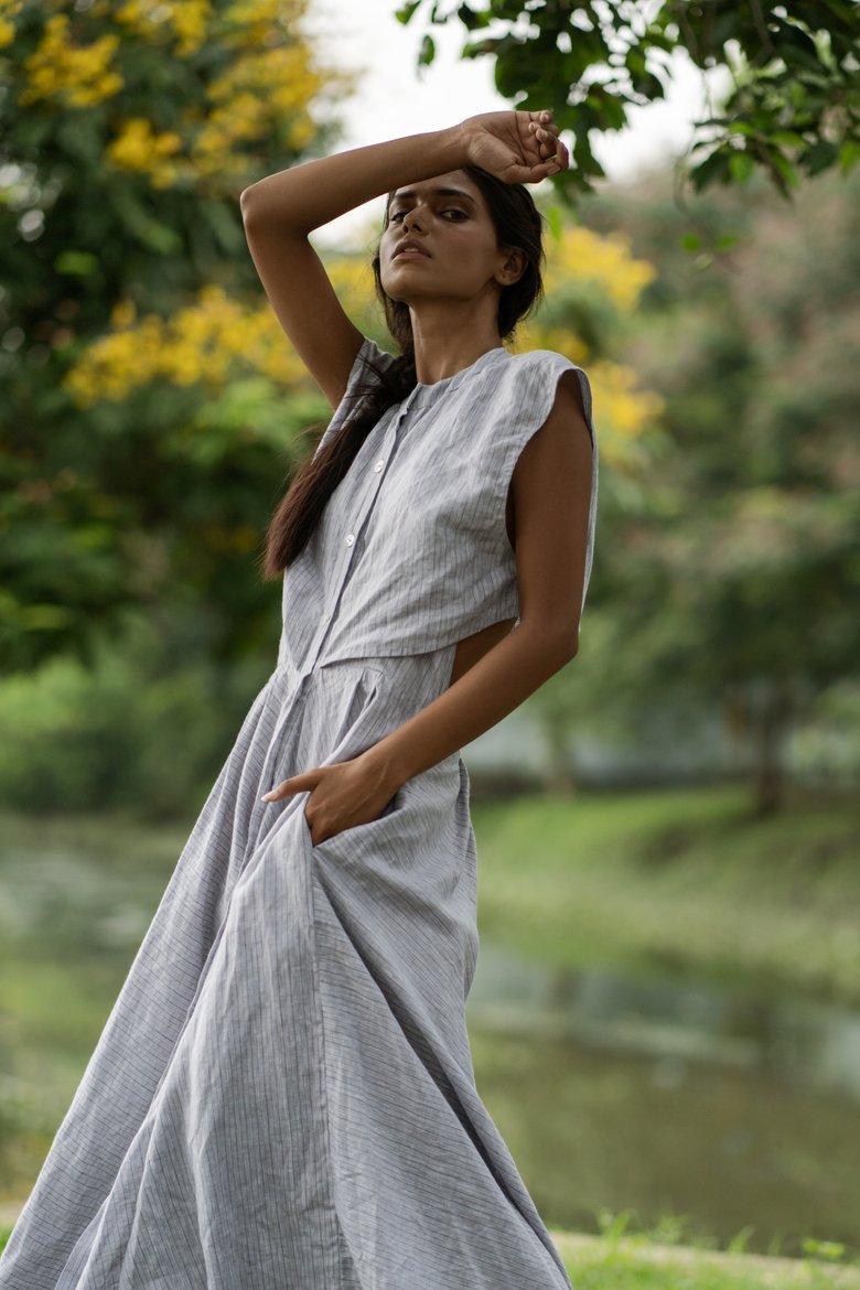 Buy Durvasa Dress - Grey + Blue Stripes | Shop Verified Sustainable Womens Dress on Brown Living™