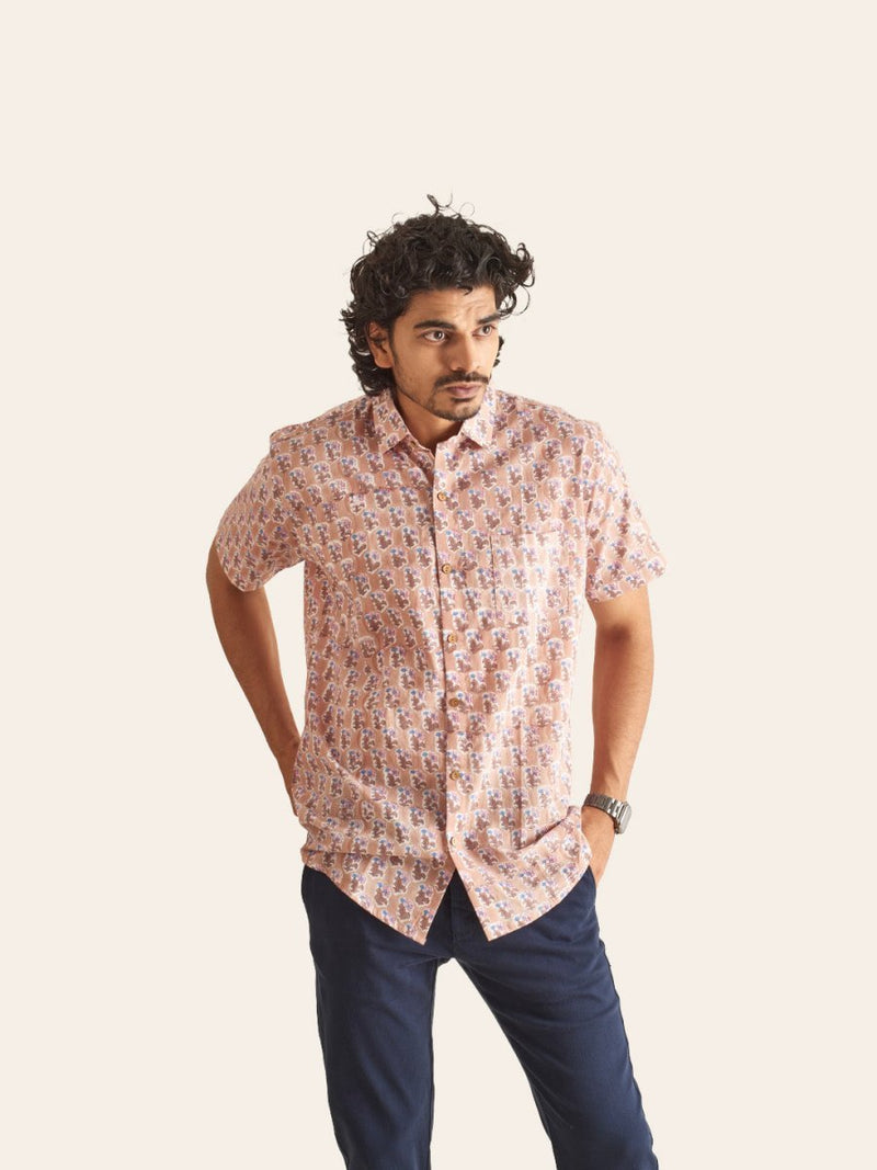 Buy Dusty Pink Floral Handblock Printed Cotton Shirt | Shop Verified Sustainable Mens Shirt on Brown Living™