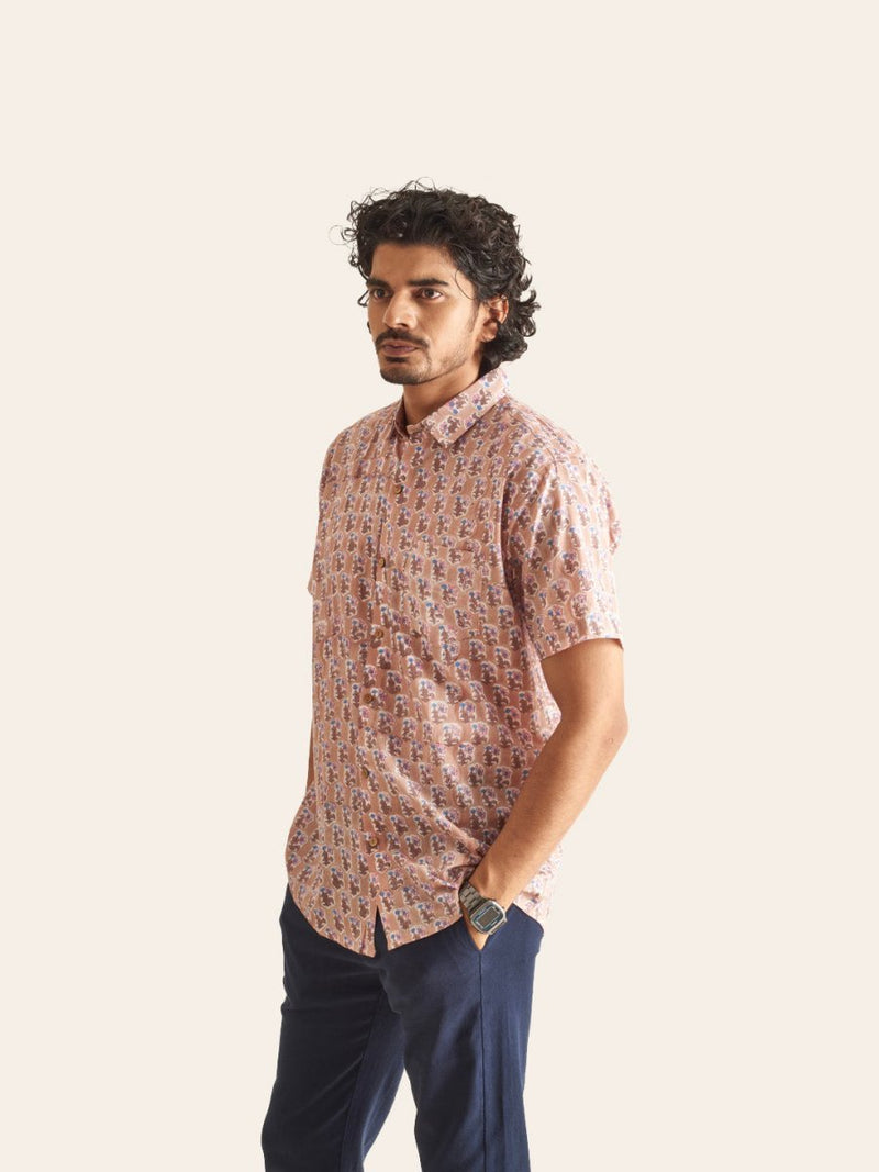 Buy Dusty Pink Floral Handblock Printed Cotton Shirt | Shop Verified Sustainable Mens Shirt on Brown Living™