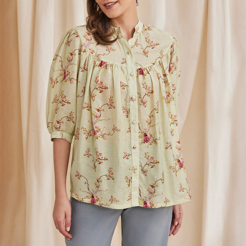 Buy Erica - Floral Printed Bemberg Linen Shirt - Sage | Shop Verified Sustainable Womens Shirt on Brown Living™