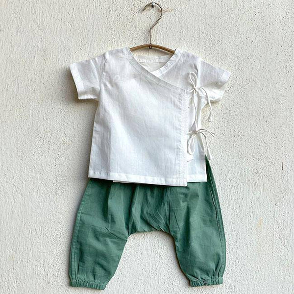 Buy Essential White Angrakha Top with Mint Pants | Shop Verified Sustainable Kids Daywear Sets on Brown Living™