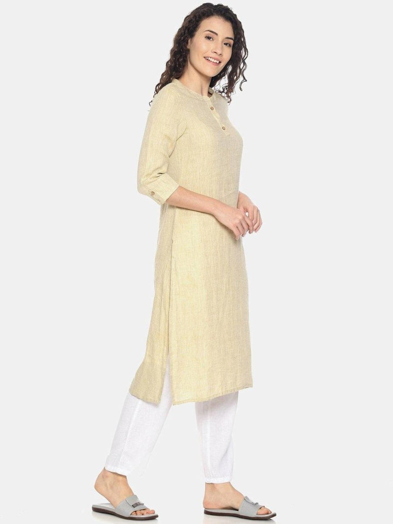 Buy Fawn Colour Solid Hemp Straight Long Kurta for Women | Shop Verified Sustainable Womens Kurta on Brown Living™