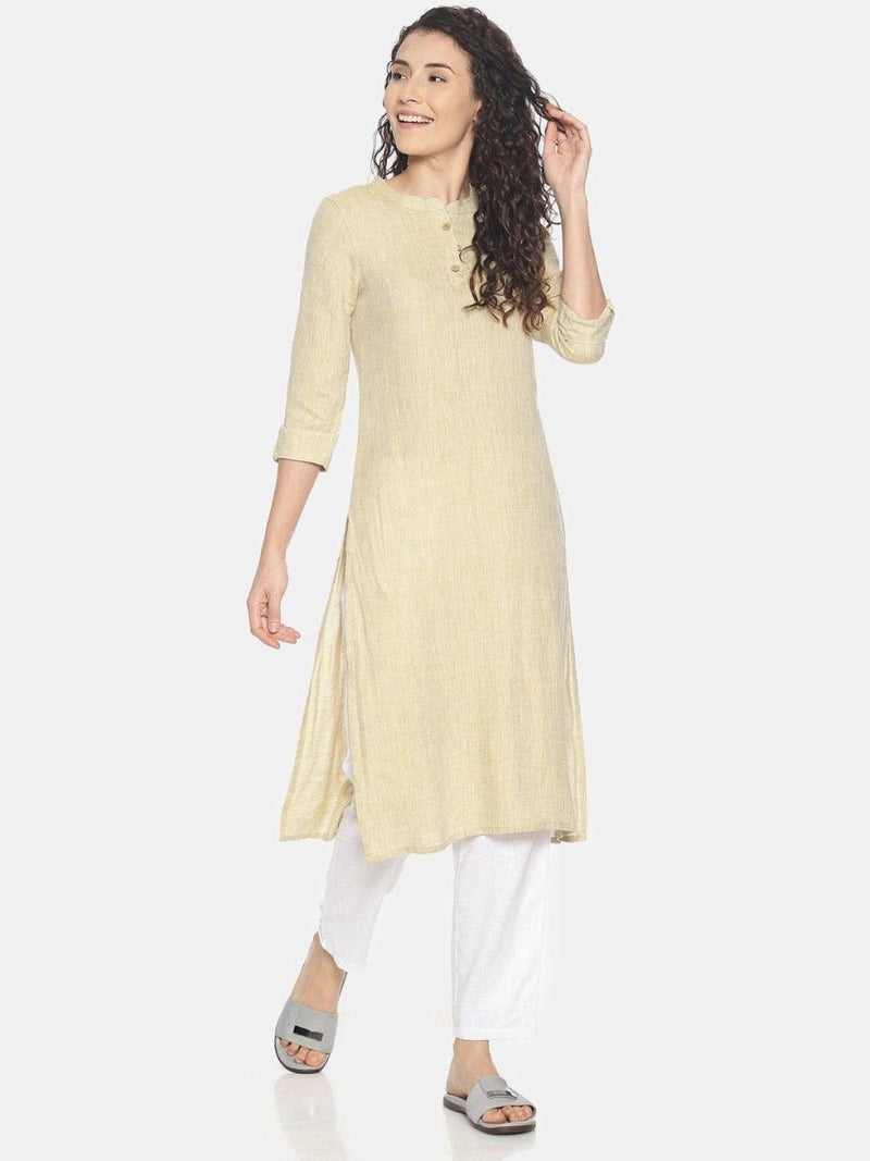 Buy Fawn Colour Solid Hemp Straight Long Kurta for Women | Shop Verified Sustainable Womens Kurta on Brown Living™