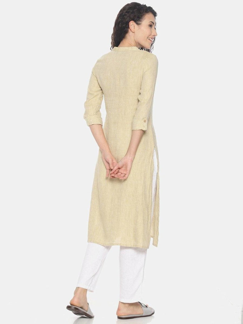 Buy Fawn Colour Solid Hemp Straight Long Kurta for Women | Shop Verified Sustainable Womens Kurta on Brown Living™