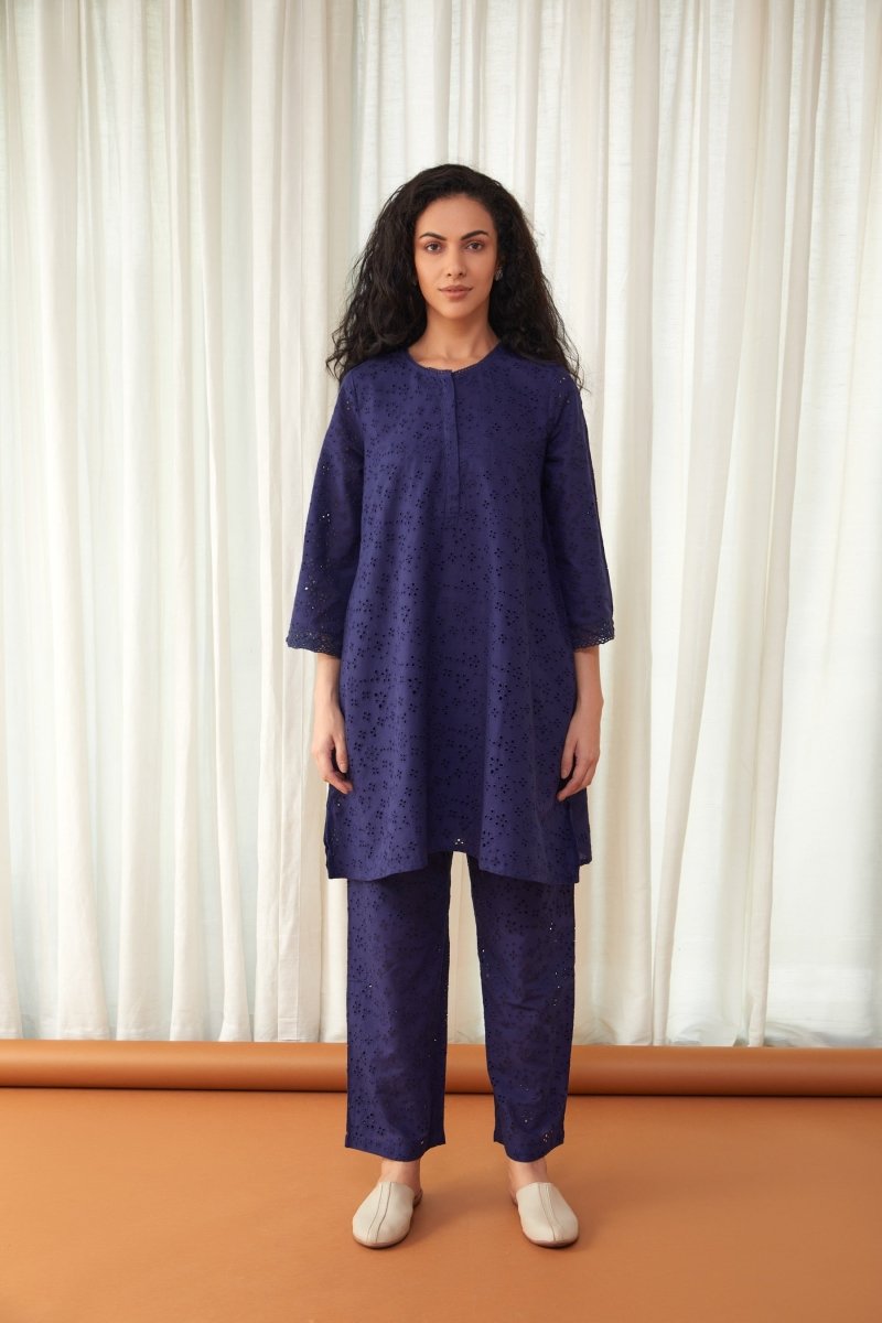 Flared Midnight Blue Cutwork Cotton Co-ord Set | Verified Sustainable Womens Co-Ord Sets on Brown Living™