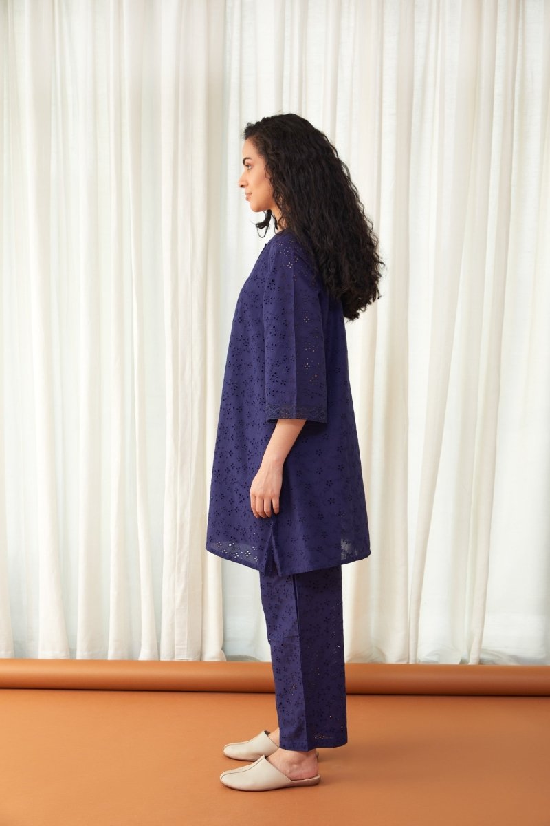 Flared Midnight Blue Cutwork Cotton Co-ord Set | Verified Sustainable Womens Co-Ord Sets on Brown Living™