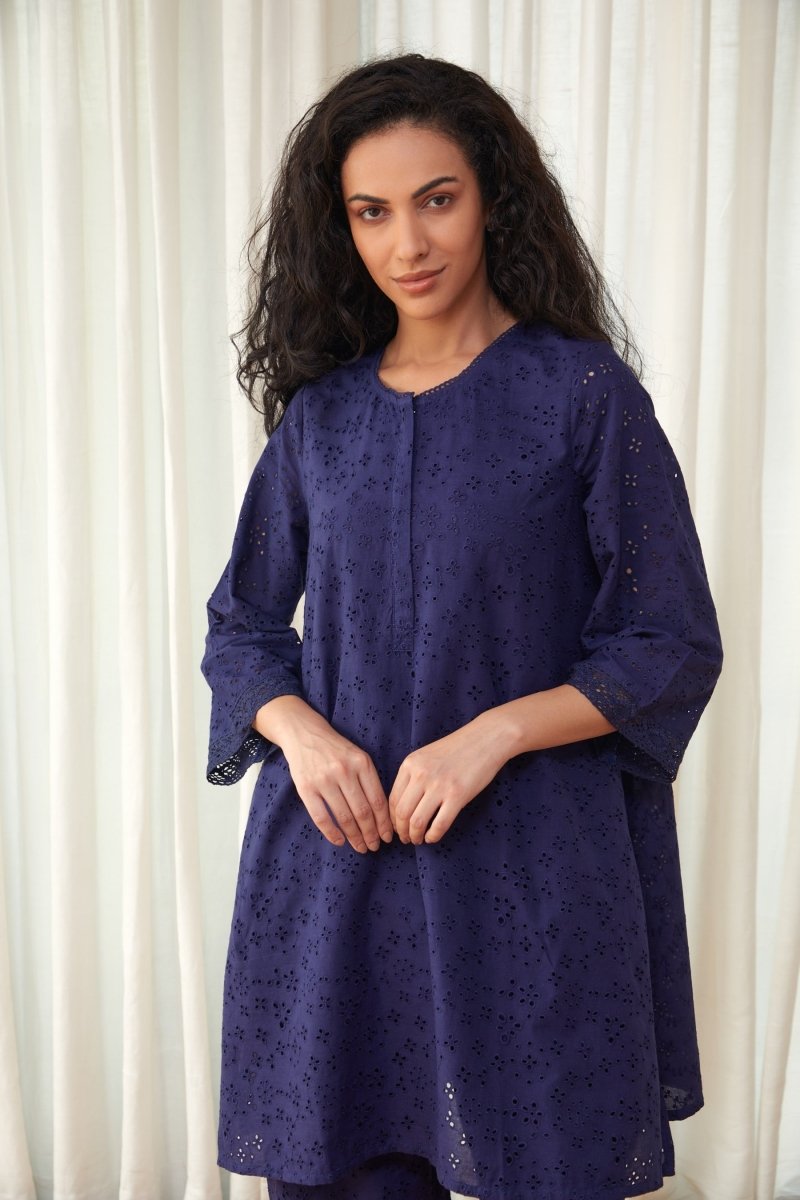 Flared Midnight Blue Cutwork Cotton Co-ord Set | Verified Sustainable Womens Co-Ord Sets on Brown Living™