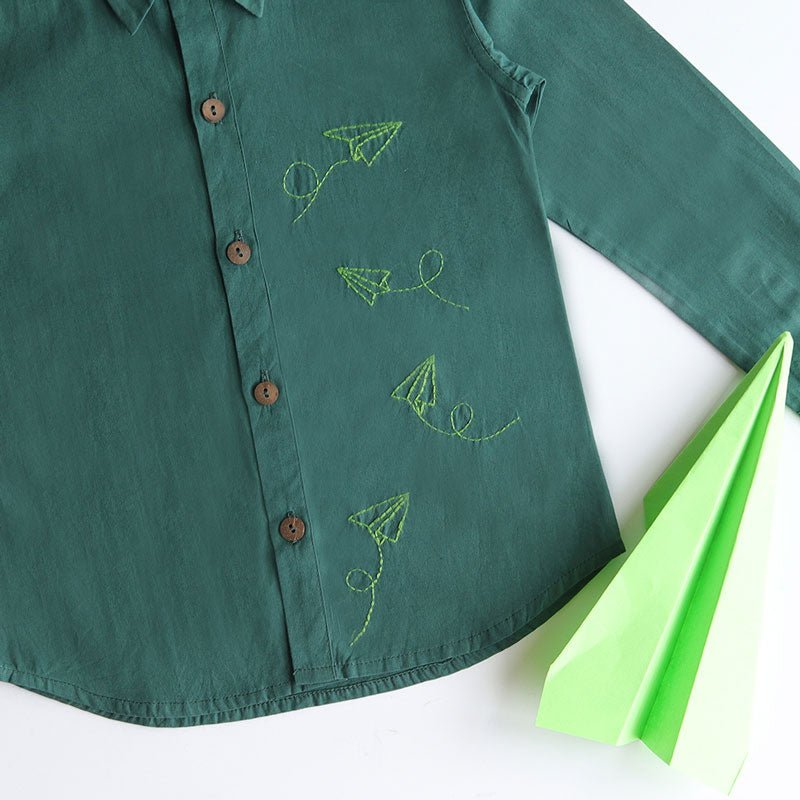 Buy Fly High Embroidered Formal Shirt - Bottle Green | Shop Verified Sustainable Kids Shirts on Brown Living™