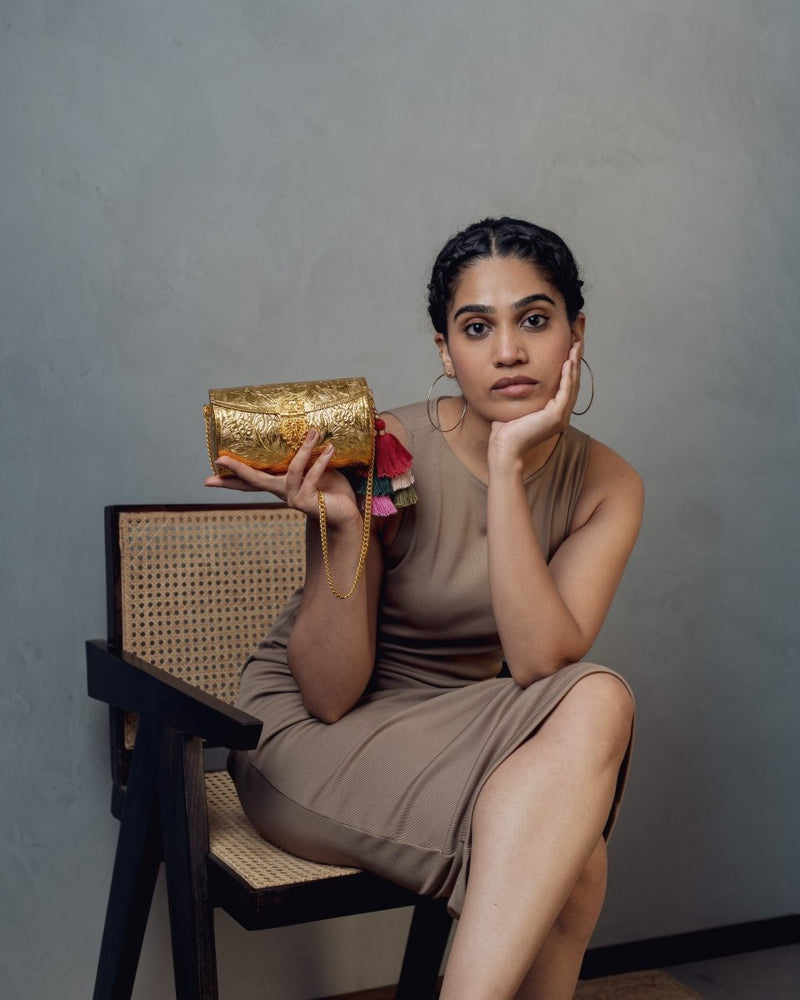 Buy Foliage Lath Purse (Gold) | Shop Verified Sustainable Womens Clutch on Brown Living™