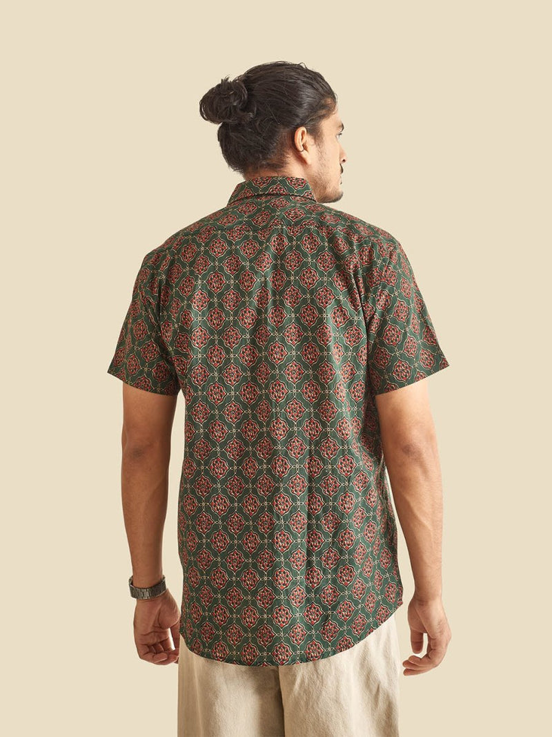 Buy Green Ethnic Printed Festive Halfsleeves Cotton Shirt | Shop Verified Sustainable Mens Shirt on Brown Living™