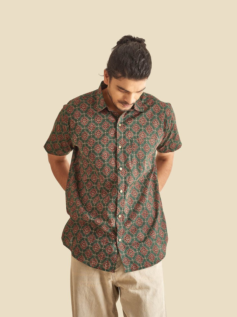 Buy Green Ethnic Printed Festive Halfsleeves Cotton Shirt | Shop Verified Sustainable Mens Shirt on Brown Living™