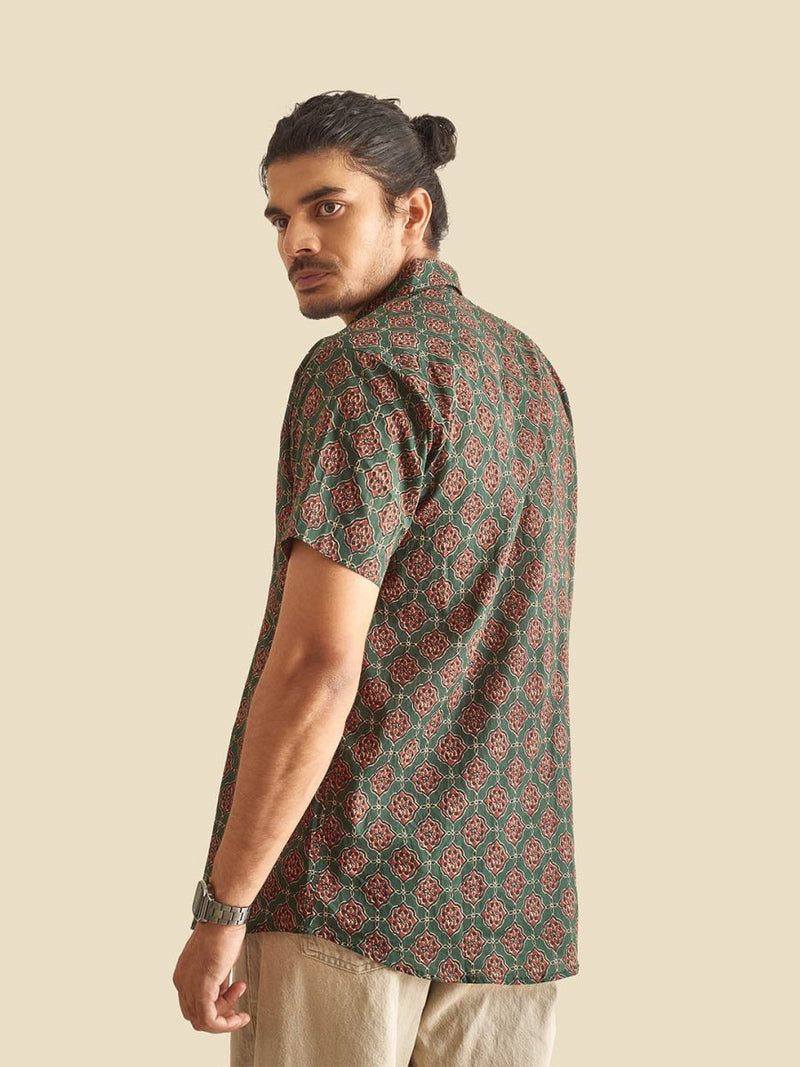 Buy Green Ethnic Printed Festive Halfsleeves Cotton Shirt | Shop Verified Sustainable Mens Shirt on Brown Living™