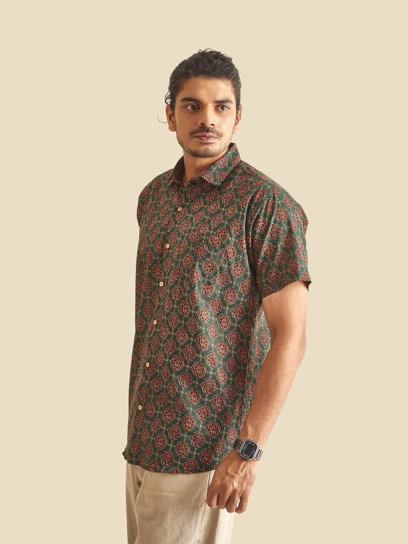 Buy Green Ethnic Printed Festive Halfsleeves Cotton Shirt | Shop Verified Sustainable Mens Shirt on Brown Living™