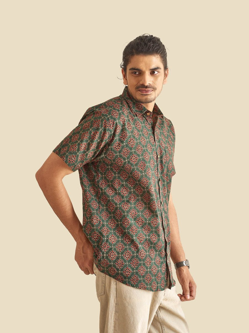 Buy Green Ethnic Printed Festive Halfsleeves Cotton Shirt | Shop Verified Sustainable Mens Shirt on Brown Living™