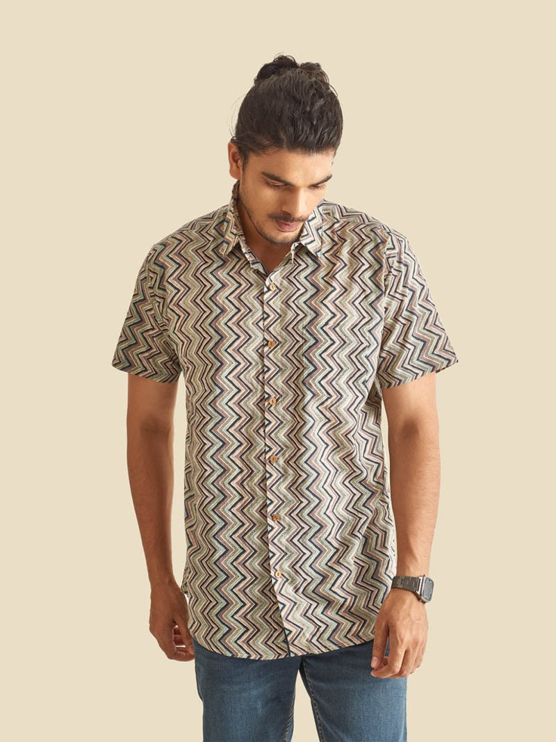 Buy Grey Greece Chevron Printed Halfsleeves Cotton Shirt | Shop Verified Sustainable Mens Shirt on Brown Living™