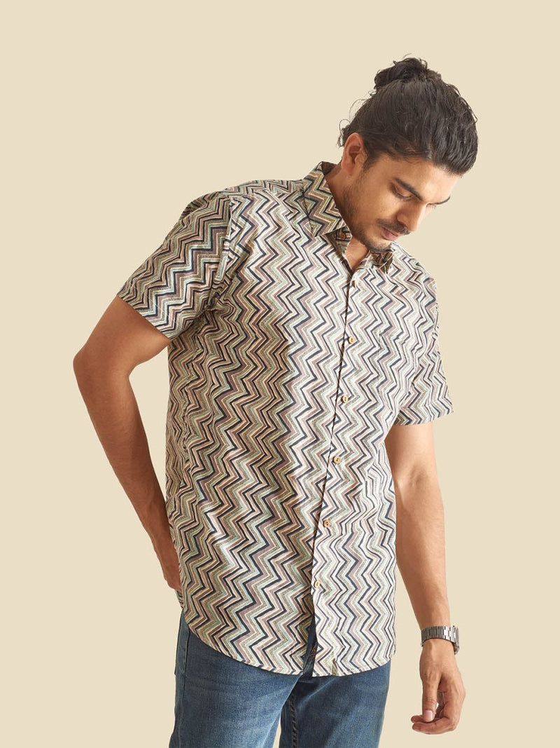 Buy Grey Greece Chevron Printed Halfsleeves Cotton Shirt | Shop Verified Sustainable Mens Shirt on Brown Living™