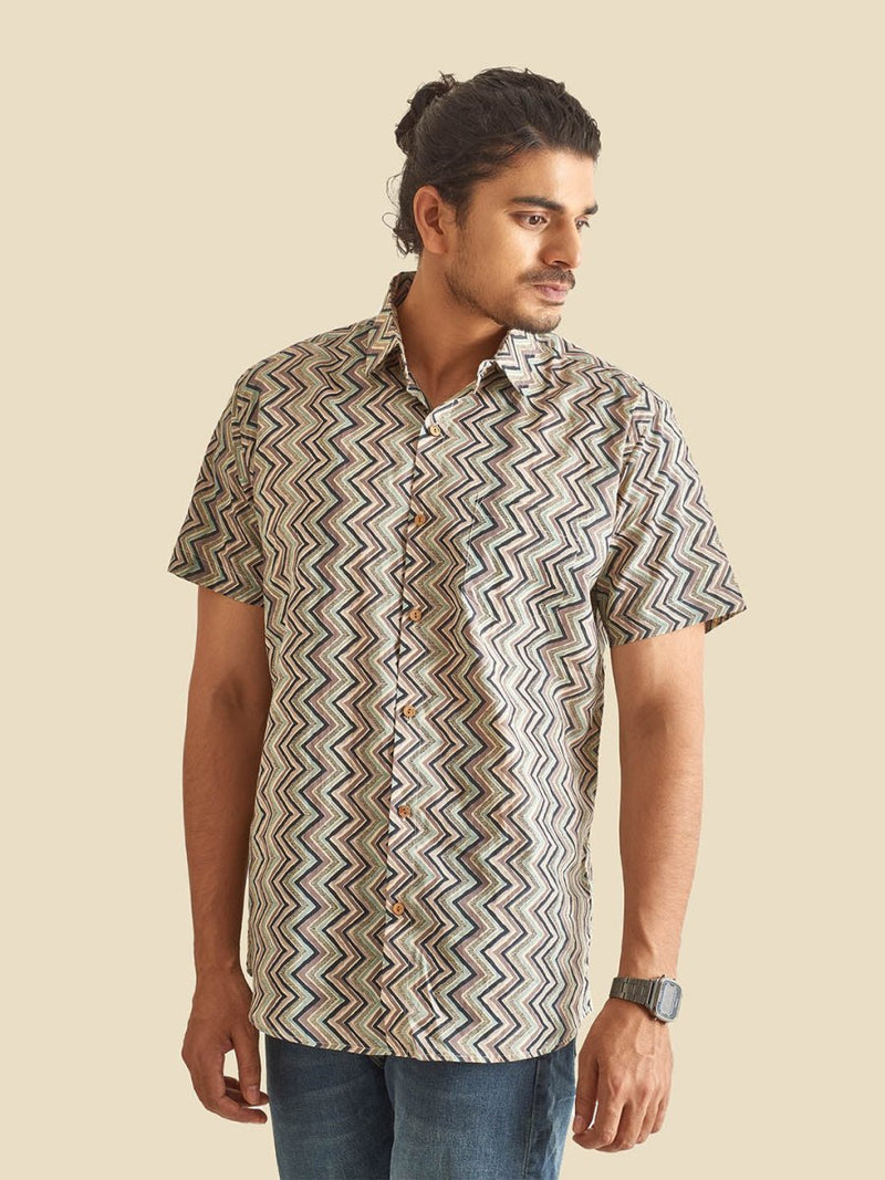 Buy Grey Greece Chevron Printed Halfsleeves Cotton Shirt | Shop Verified Sustainable Mens Shirt on Brown Living™