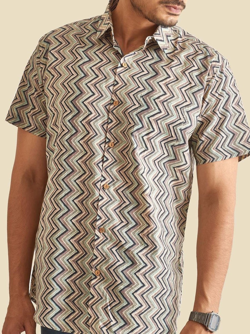 Buy Grey Greece Chevron Printed Halfsleeves Cotton Shirt | Shop Verified Sustainable Mens Shirt on Brown Living™