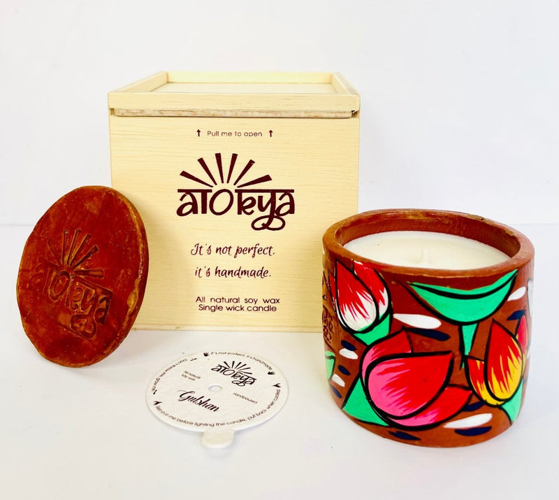 Buy Gulshan Scented Soy Wax Candle | Folk art on Terracotta Jar | Shop Verified Sustainable Candles & Fragrances on Brown Living™