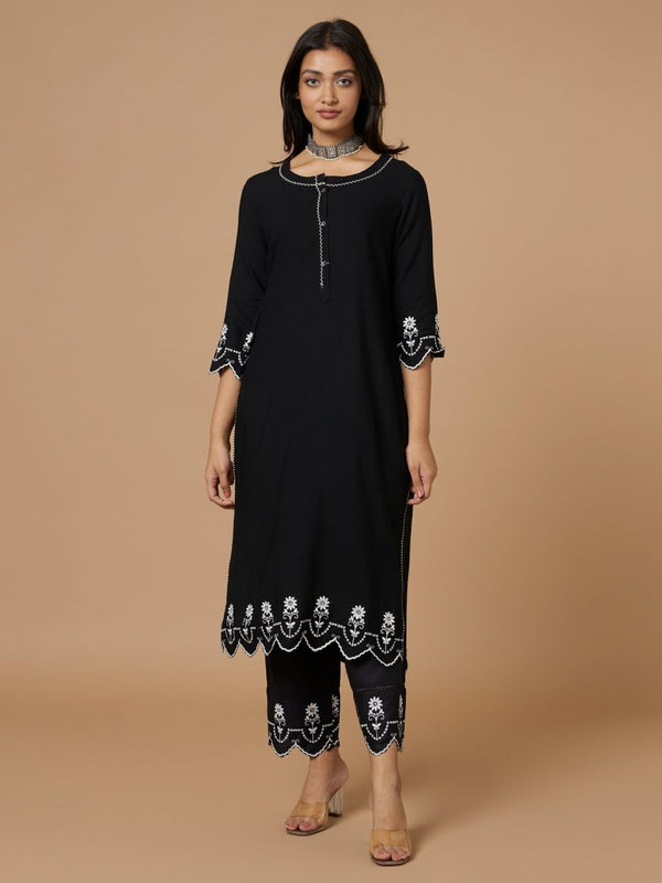 Buy Hand Scalloped Cutwork Black Linen Kurta Set | Shop Verified Sustainable Womens Kurta on Brown Living™