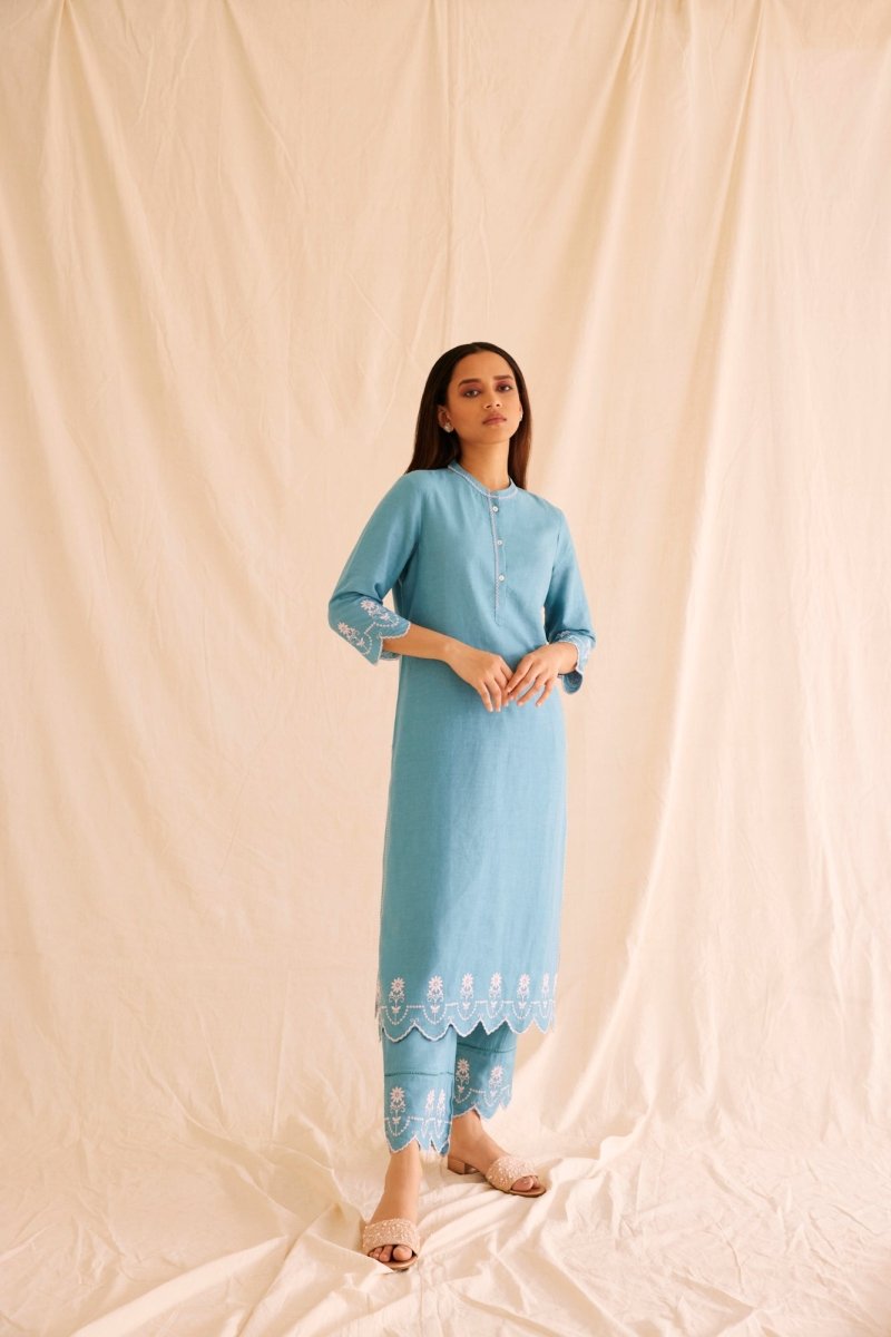 Buy Hand Scalloped Cutwork Blue Linen Kurta Set | Shop Verified Sustainable Womens Kurta on Brown Living™