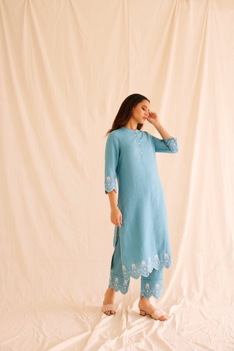 Buy Hand Scalloped Cutwork Blue Linen Kurta Set | Shop Verified Sustainable Womens Kurta on Brown Living™