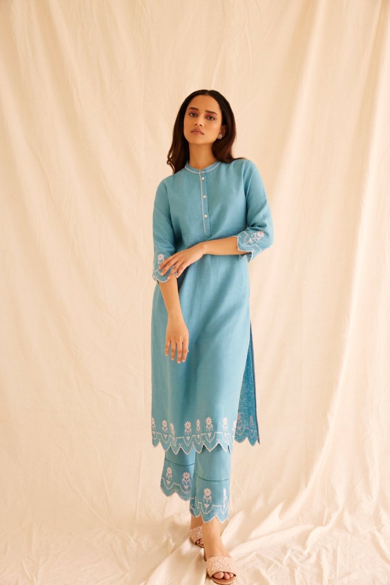 Buy Hand Scalloped Cutwork Blue Linen Kurta Set | Shop Verified Sustainable Womens Kurta on Brown Living™