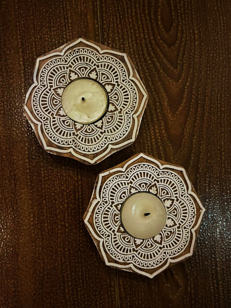 Buy Handcrafted Wooden Diya | Tea light holders | Flower design | Shop Verified Sustainable Gift on Brown Living™