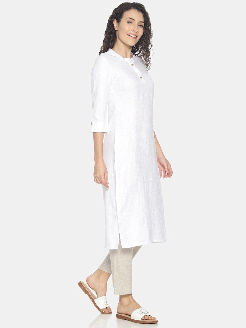 Buy Herringbone White Colour Solid Hemp Straight Long Kurta For Women | Shop Verified Sustainable Womens Kurta on Brown Living™