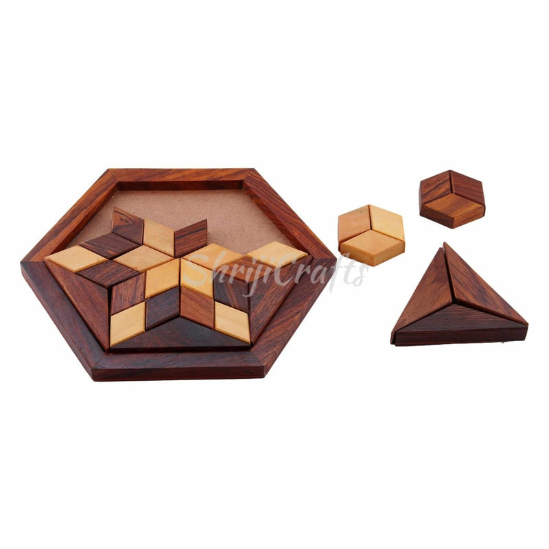 Buy Handmade Hexagonal Wood Tangram Puzzle Game (6-inch by 6-inch) | Shop Verified Sustainable Learning & Educational Toys on Brown Living™