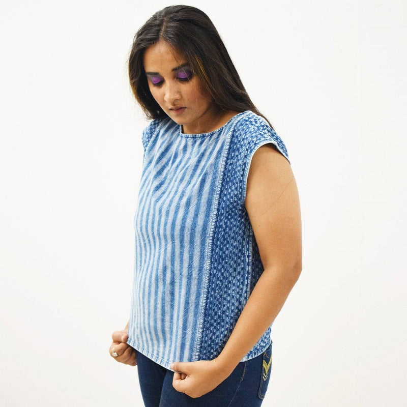 Buy Indigo Handloom Patchwork Top | Shop Verified Sustainable Womens Top on Brown Living™