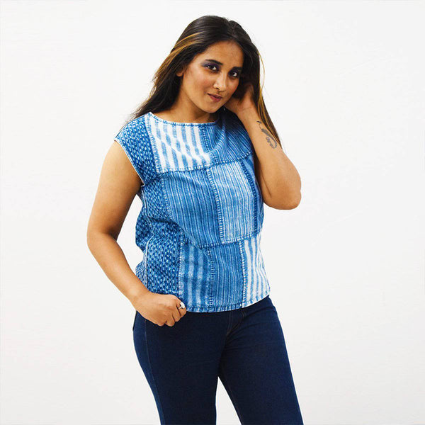 Buy Indigo Handloom Patchwork Top | Shop Verified Sustainable Womens Top on Brown Living™