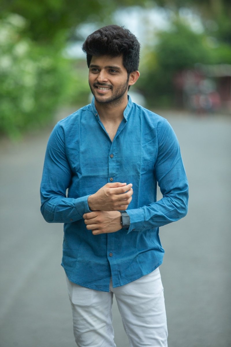 Buy Indigo Mandarin Collar Khadi Shirt | Shop Verified Sustainable Mens Shirt on Brown Living™