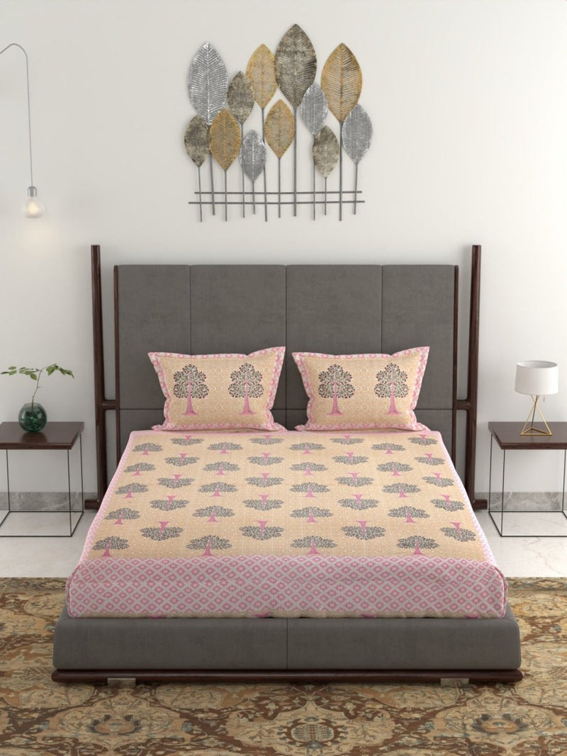 Jaipuri Hand Printed King Size 400 TC Cotton Bedsheet with Pillow Covers- Beige | Verified Sustainable Bed Linens on Brown Living™